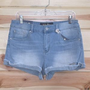 Indigo Rein High Rise Distressed Cuffed Raw Hem Denim Shorts Size 11/29 New NWT
